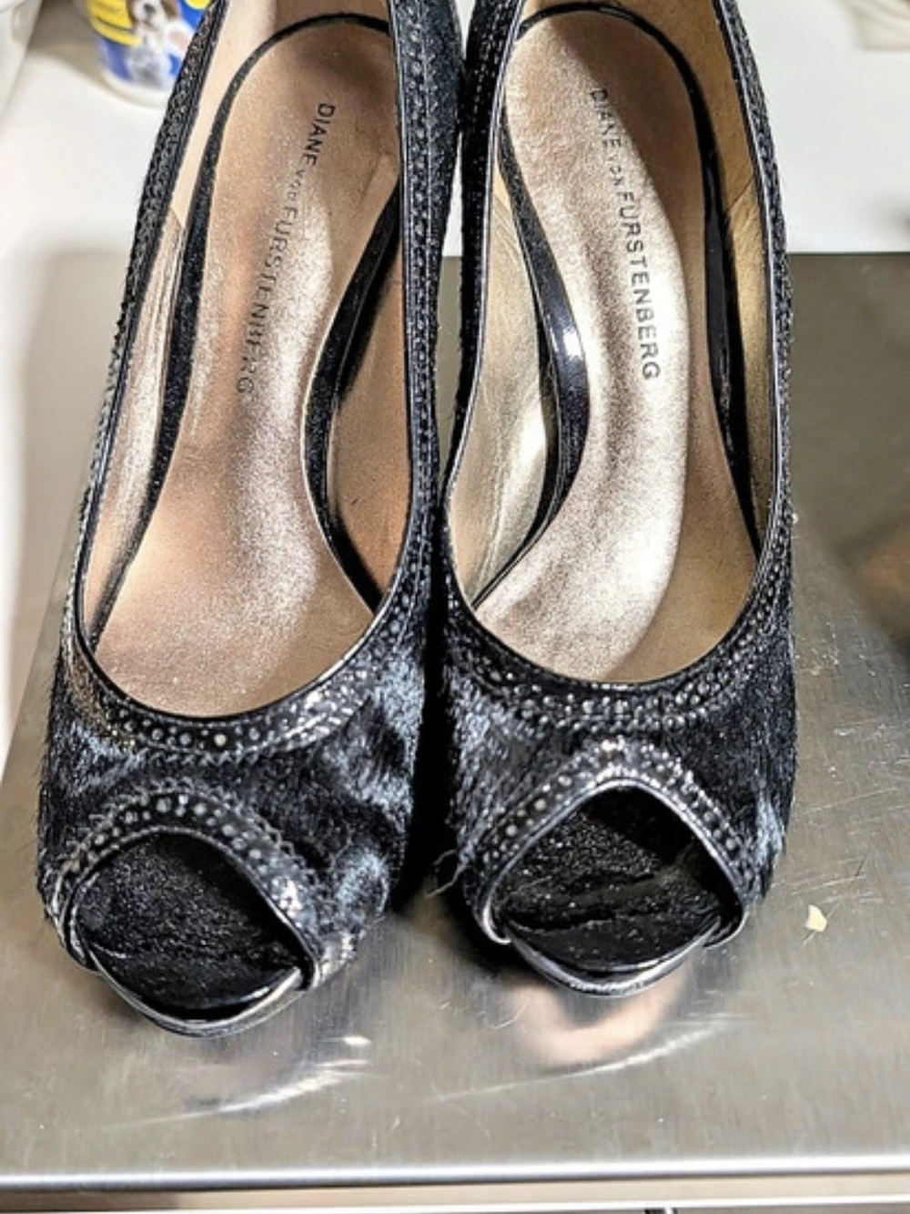 Diane Von Furstenberg Black Peep Toe Platform Heels 6.5